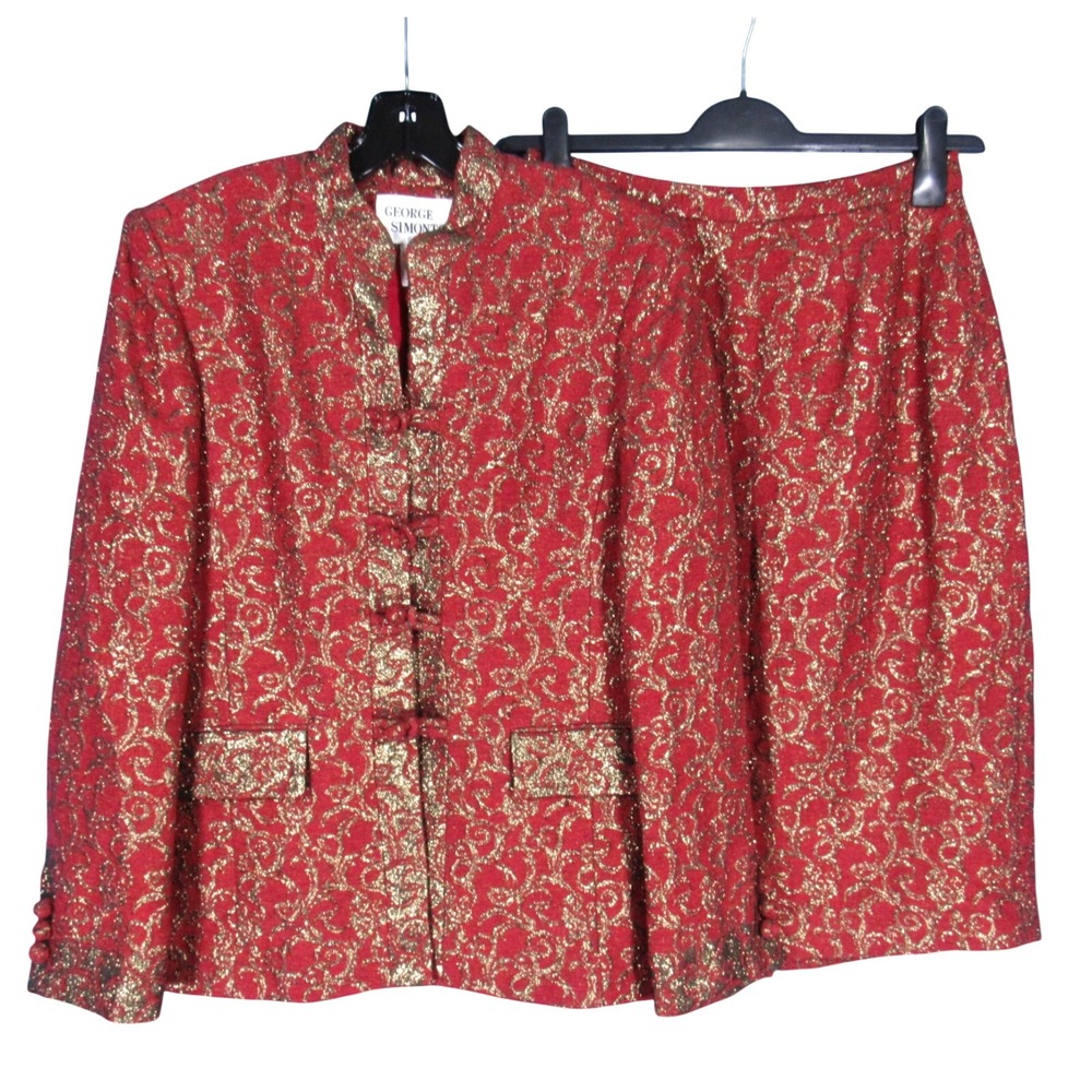 VTG GEORGE SIMONTON Dark Red w/GOLD METALLIC Suit JACKET/SKIRT Outfit Set 10
